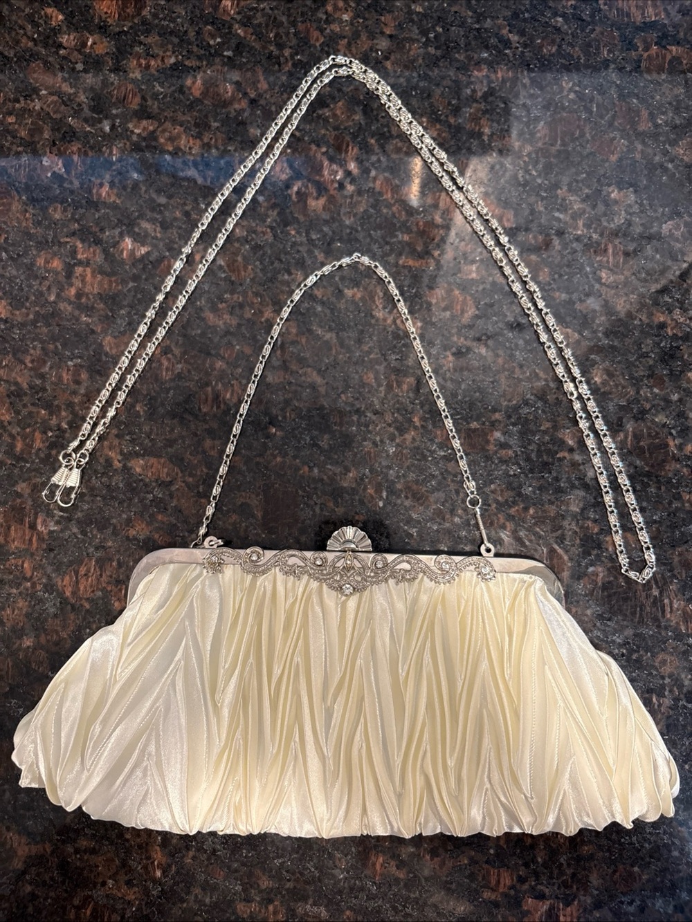Vintage Rhinestone Evening Satin Bag Ornate Metal Frame Clasp Small Purse Chain